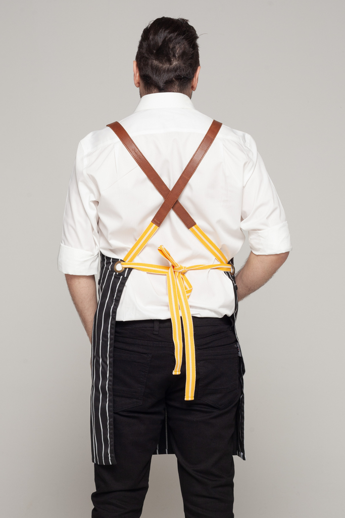 BONDI Black White Stripes/Chocolate Brown leather with yellow dual tone - Ace Chef Apparels